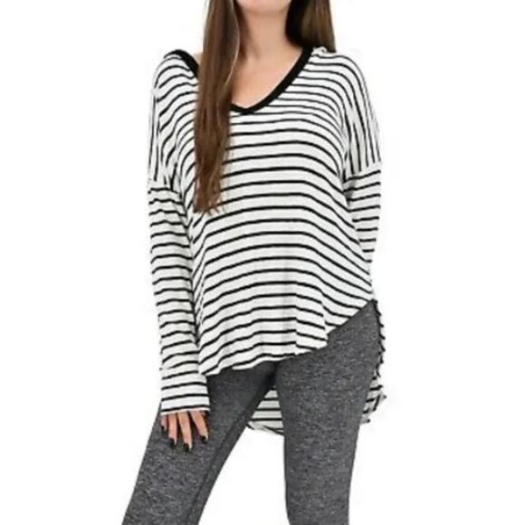 FREE PEOPLE Movement super soft high low striped hoodie hooded knit top Sz M NEW - Picture 6 of 6
